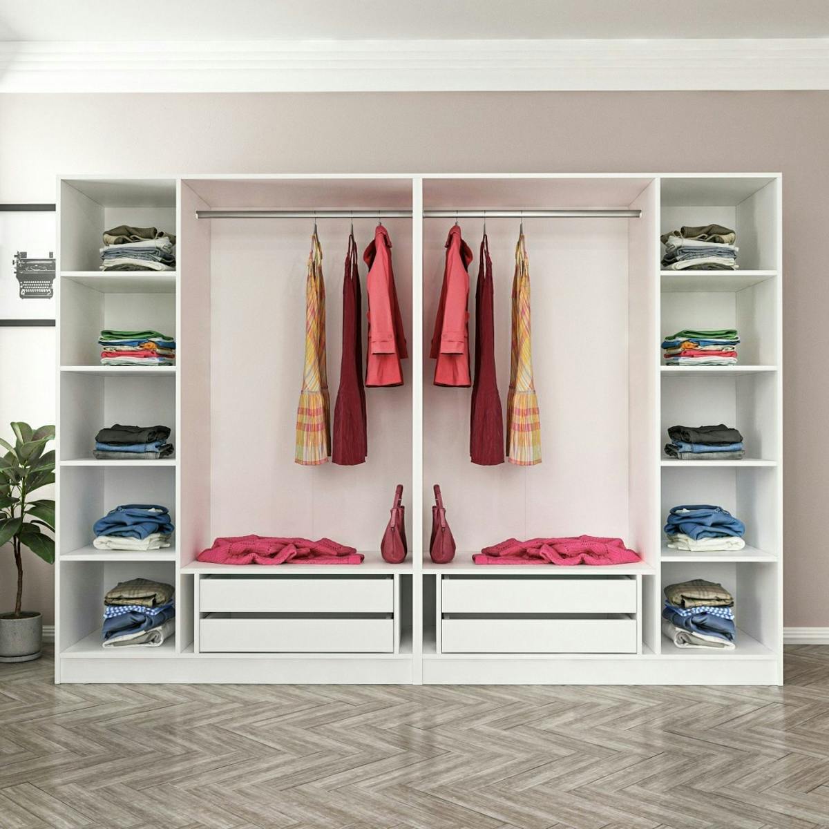 Armoire penderie ouverte blanche 2 portants 4 tiroirs BYRON