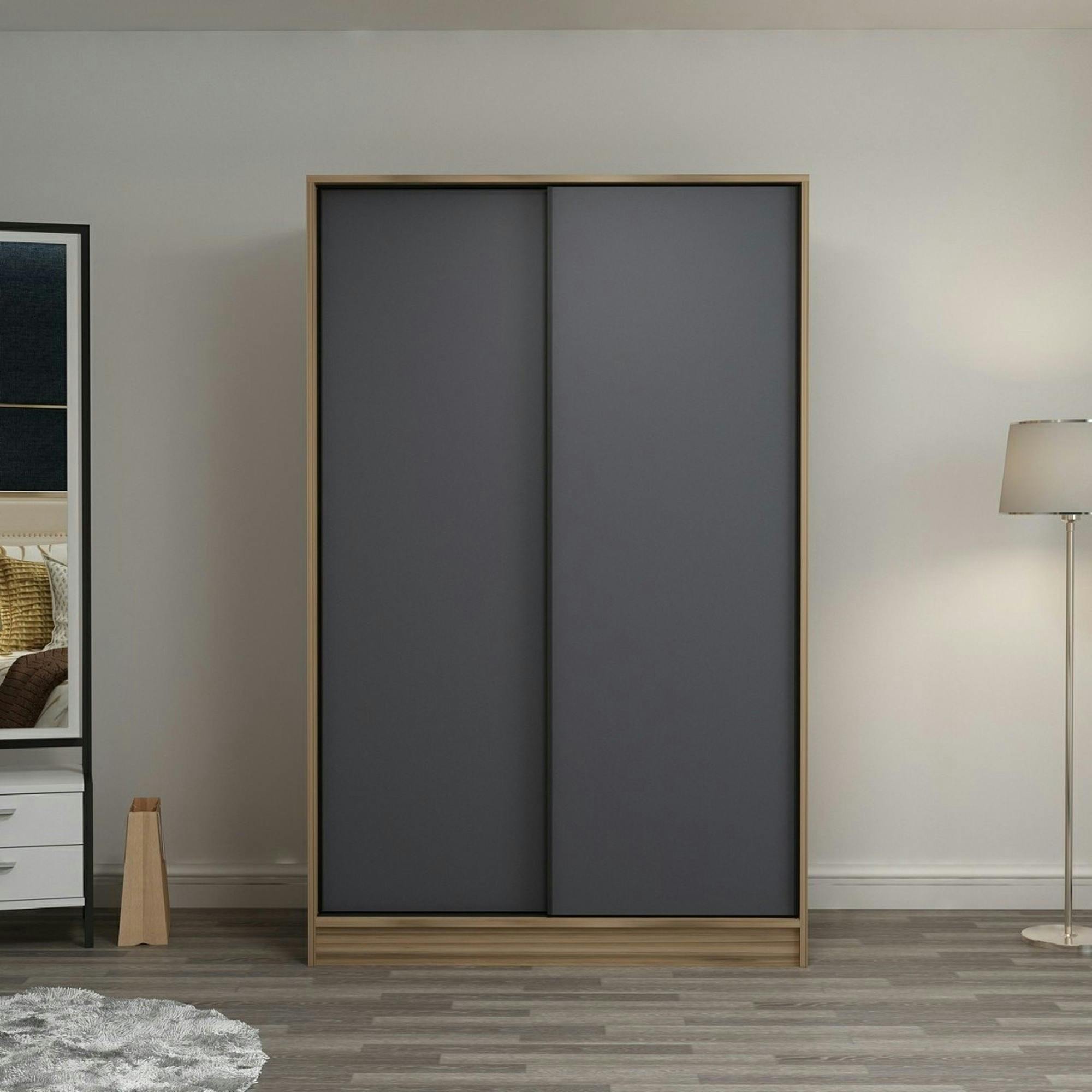 Armoire penderie portes coulissantes, effet bois & gris BYRON