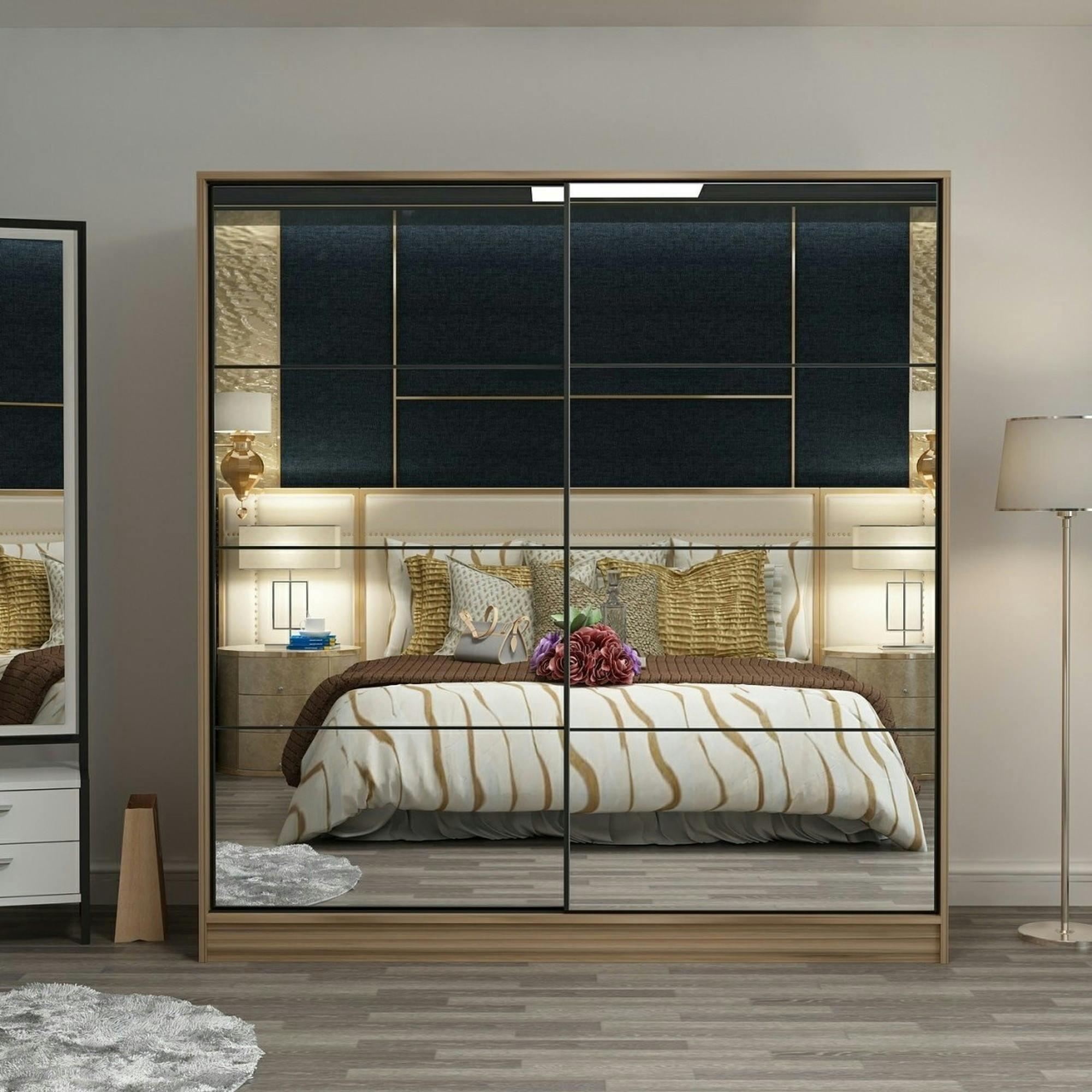 Armoire penderie portes coulissantes, effet bois & miroir BYRON