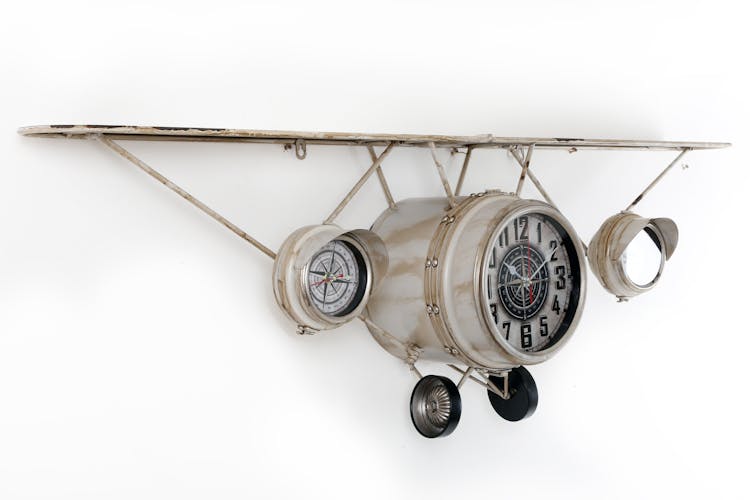 Avion Horloge triple murale Etagère en métal blanc cassé aspect vieilli avec miroir 125x23x40cm
