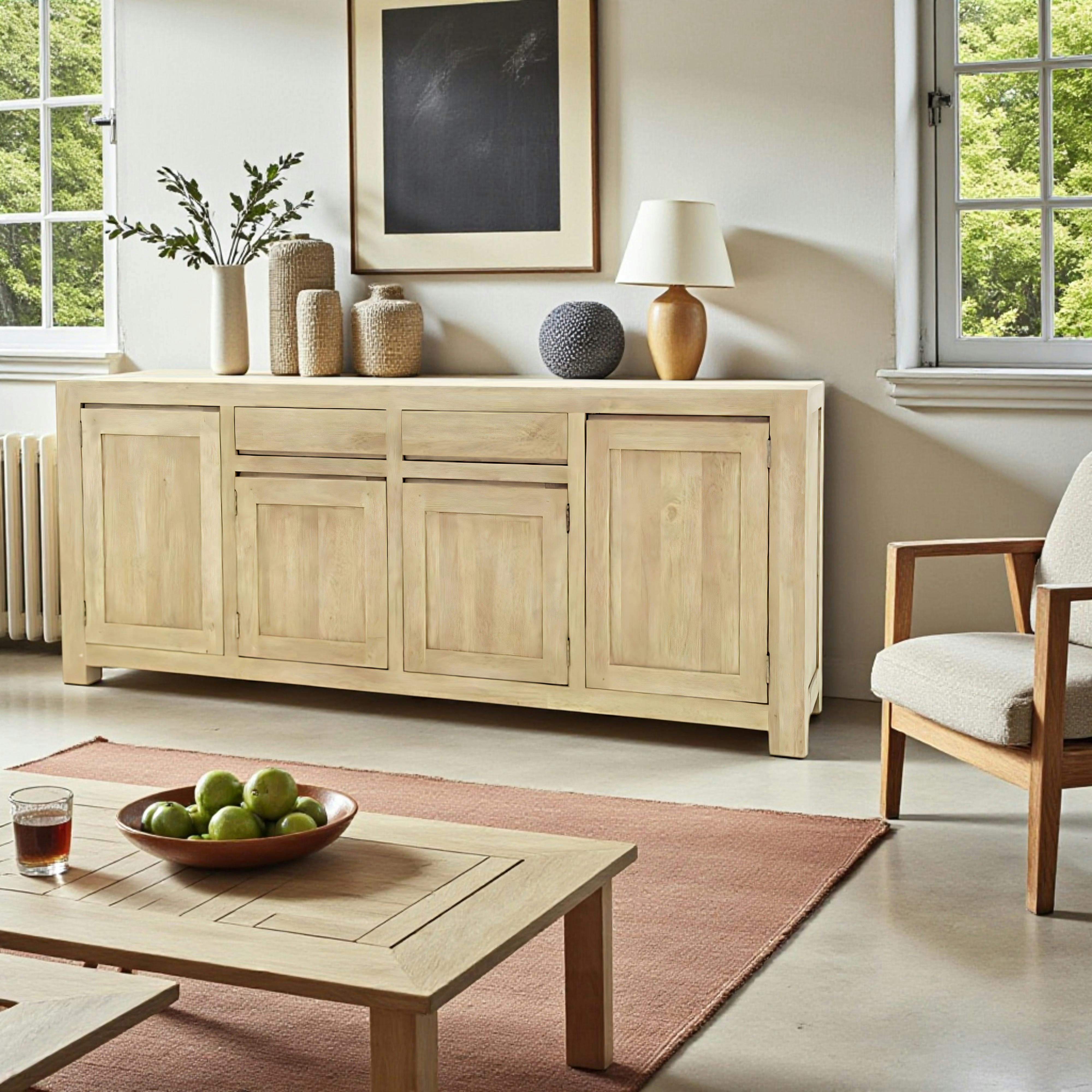 Bahut enfilade moderne exotique hévéa 4 portes 200cm OLGA