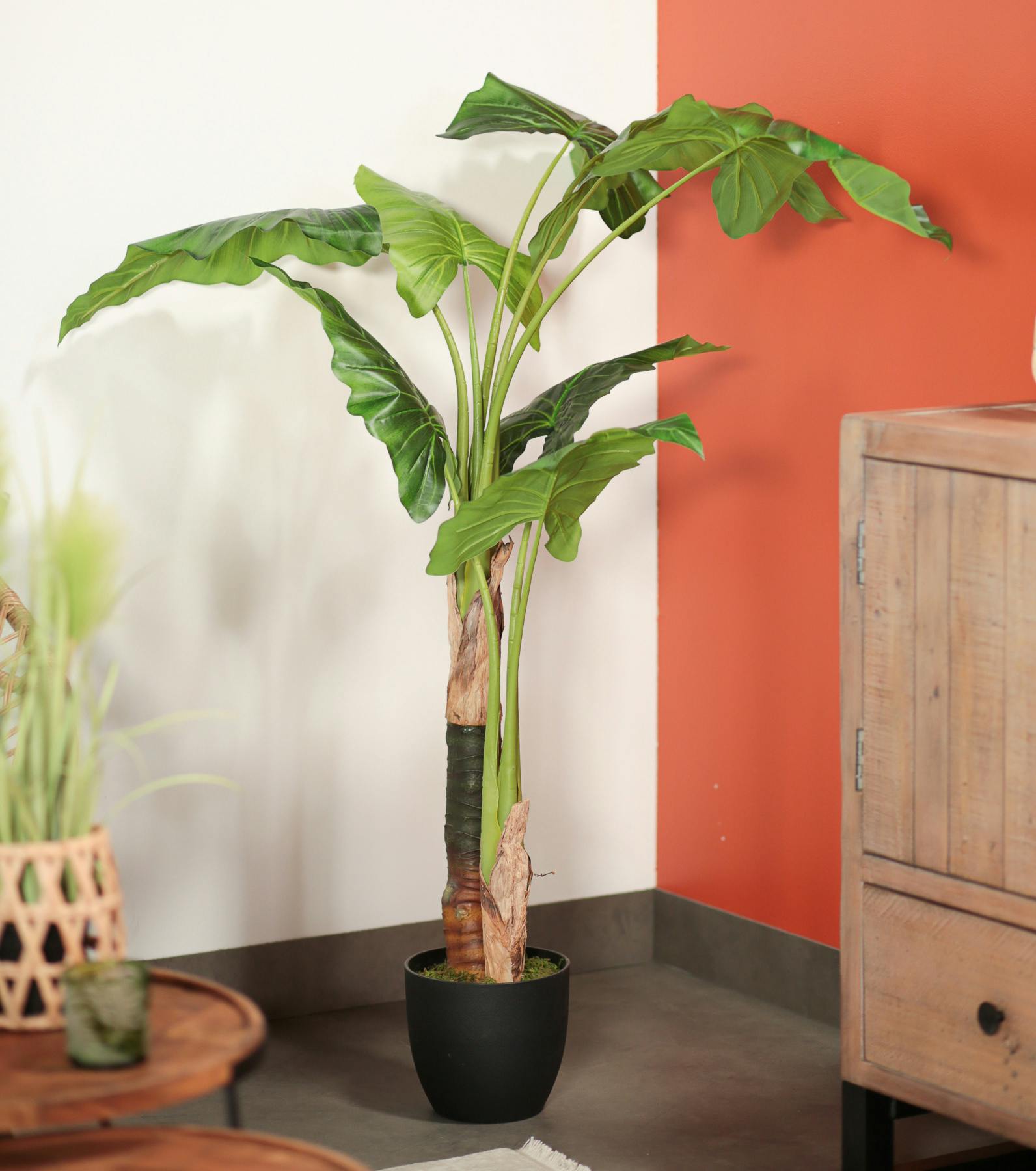 Bananier double tiges en pot rond noir grandes feuilles tissu polyester H120cm