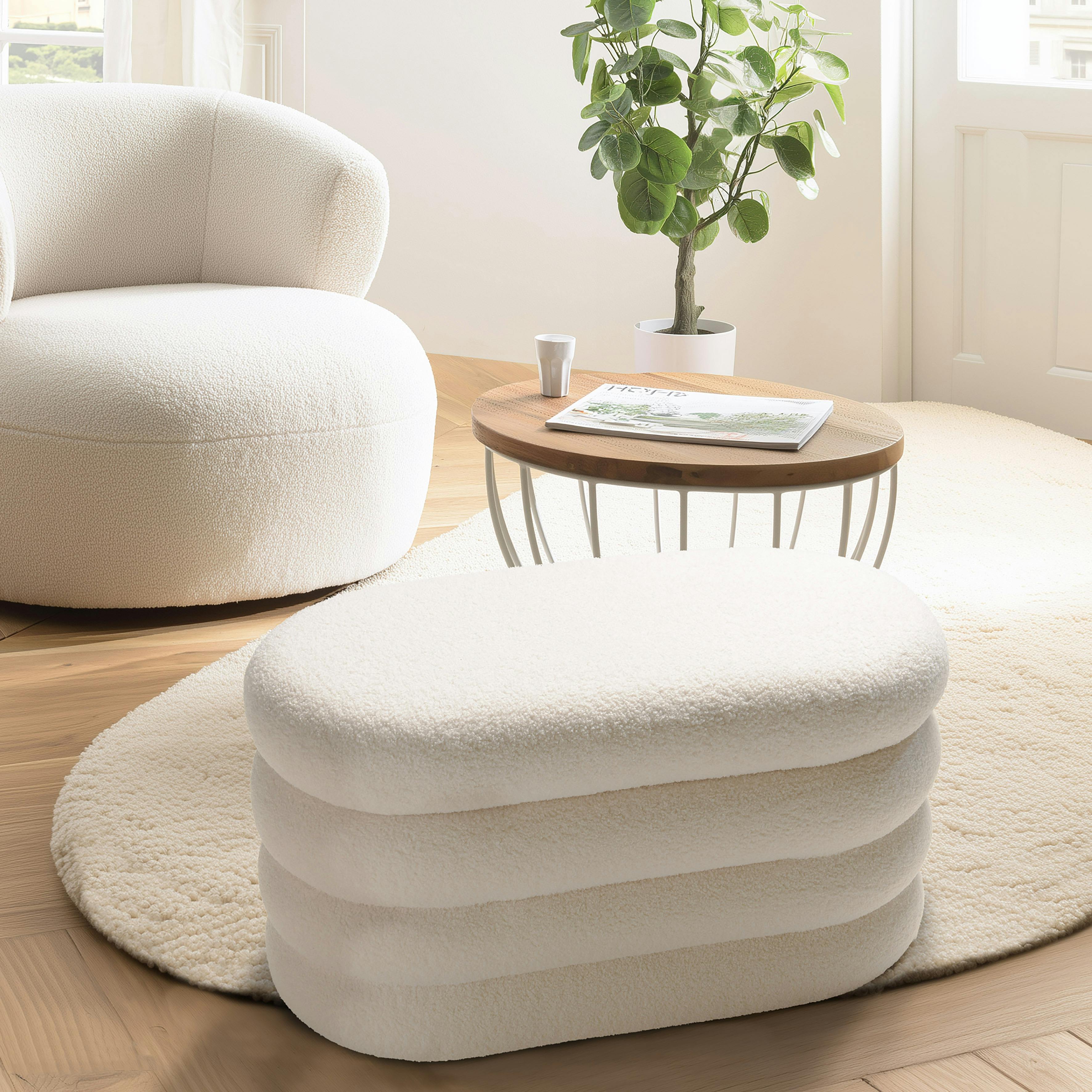 Banc avec rangement en tissu bouclette blanc CASTILLE