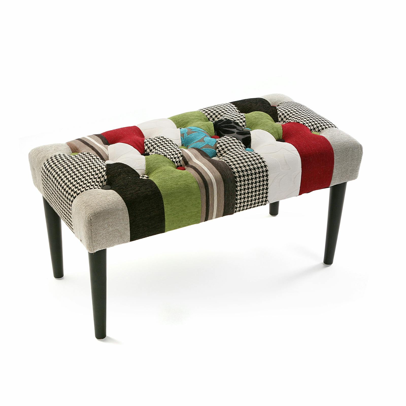 Banc / Bout de lit capitonné en tissu patchwork coloré et pieds bois noirs 80x40x45cm EIDER