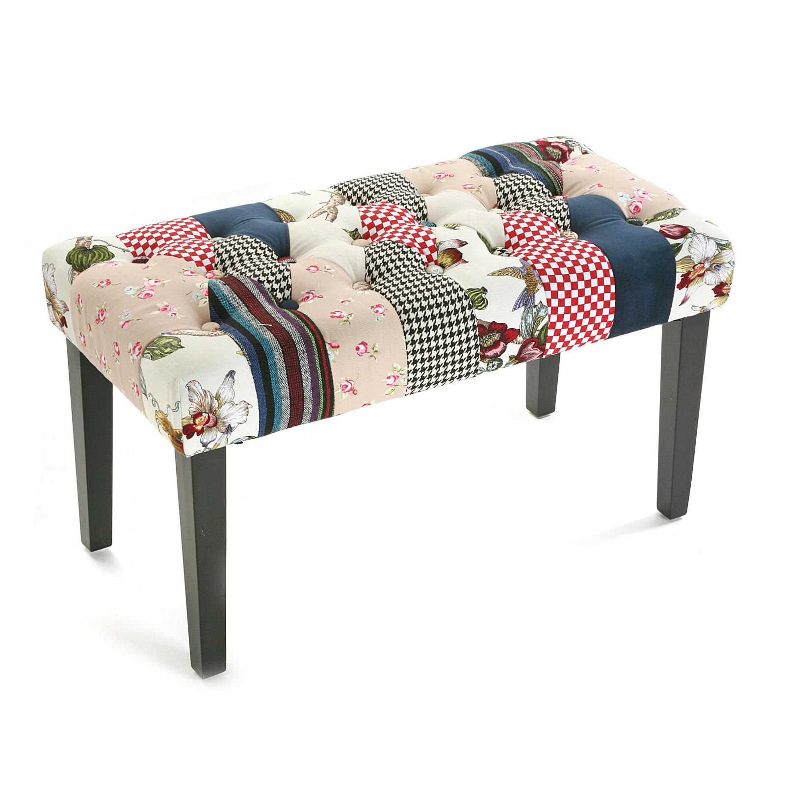 Banc / Bout de lit Romantique capitonné en tissu Patchwork coloré et pieds bois 80x40x43cm ASHLEY