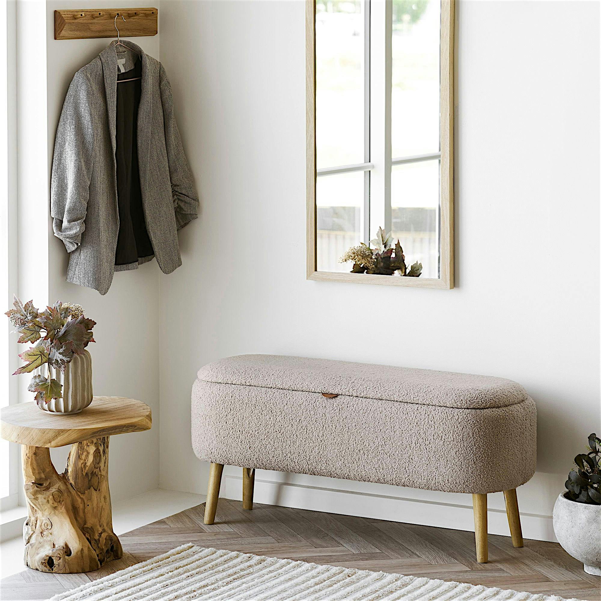 Banc coffre d'entrée en bouclette beige BERLIN