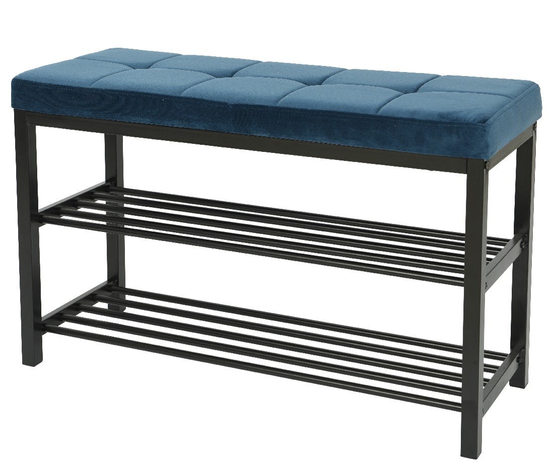 Banc coussin bleu avec étagères de rangement