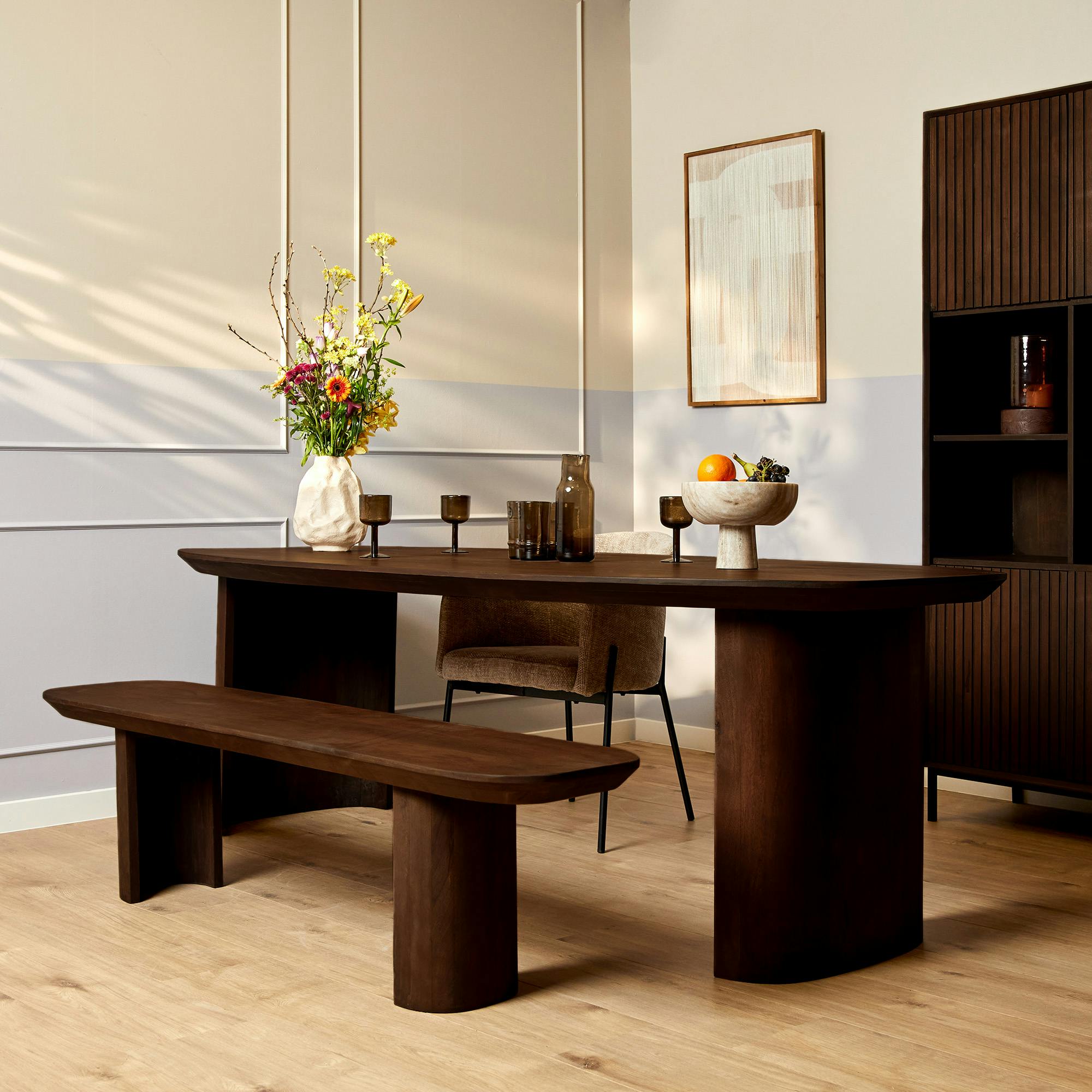 Banc de salle à manger bois foncé pieds courbes 280 cm ALMA