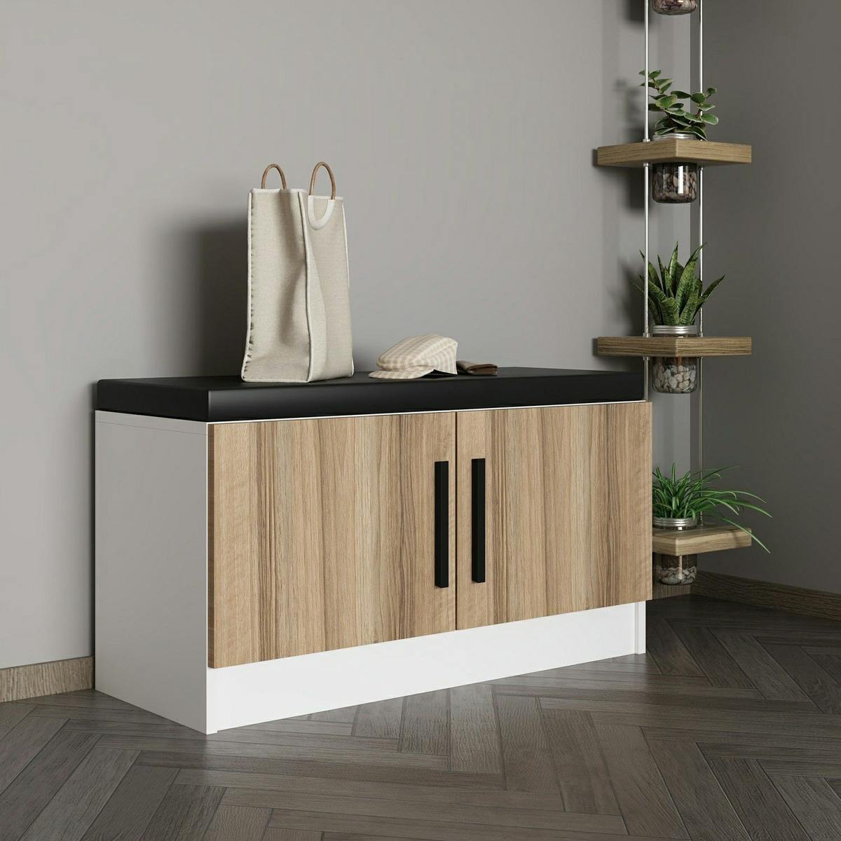 Banc d’entrée avec rangement 2 portes décor bois MARFA