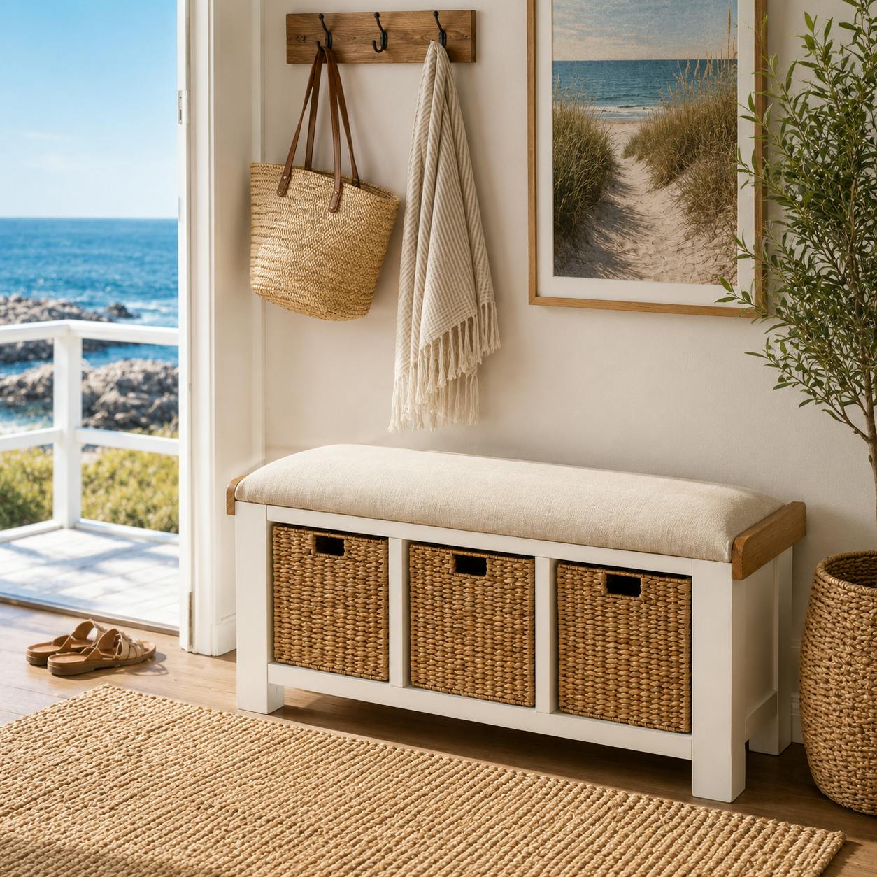 Banc d'entrée blanc coussin d'assise et paniers rangement VELIA