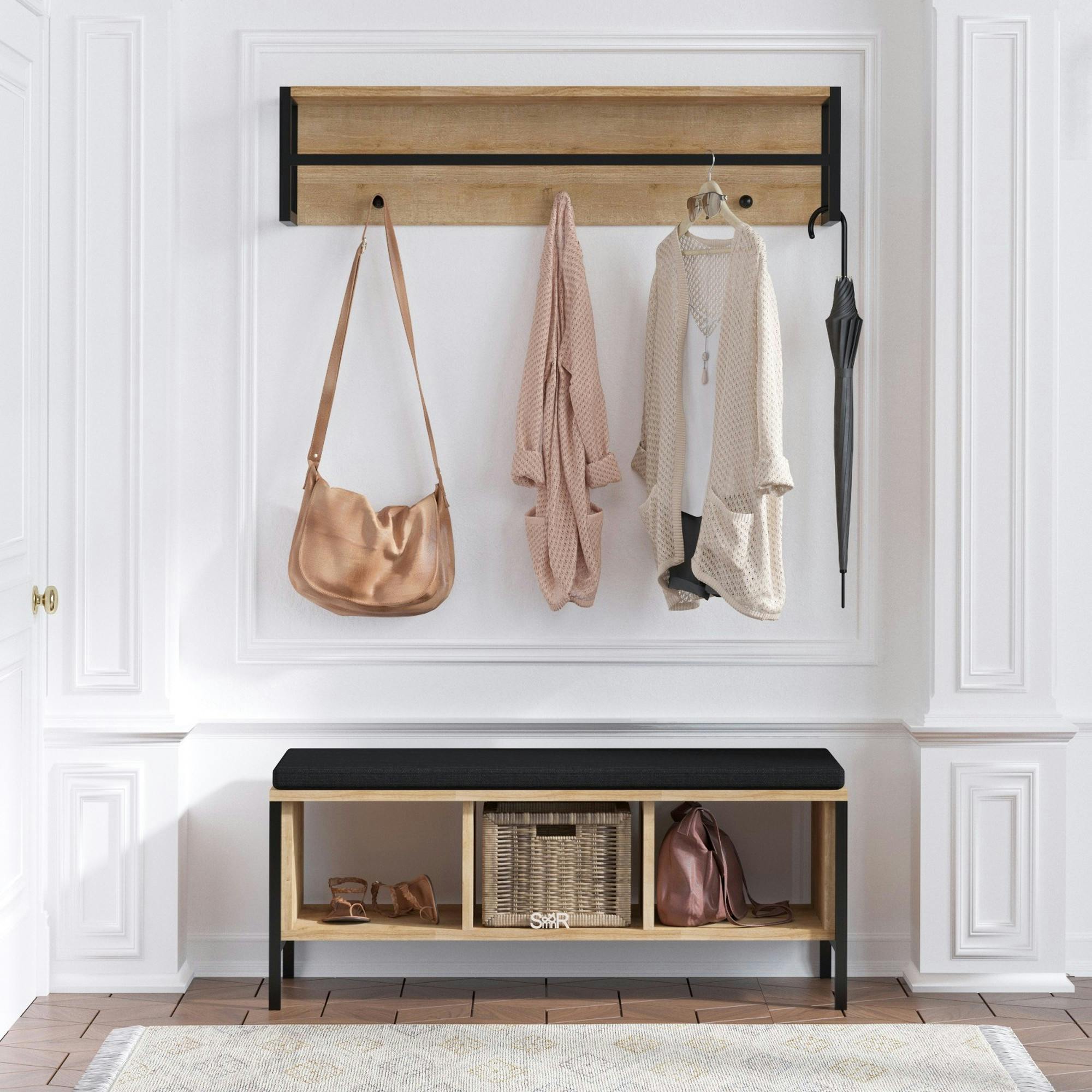 Banc d'entrée noir avec rangement et portemanteau MARFA
