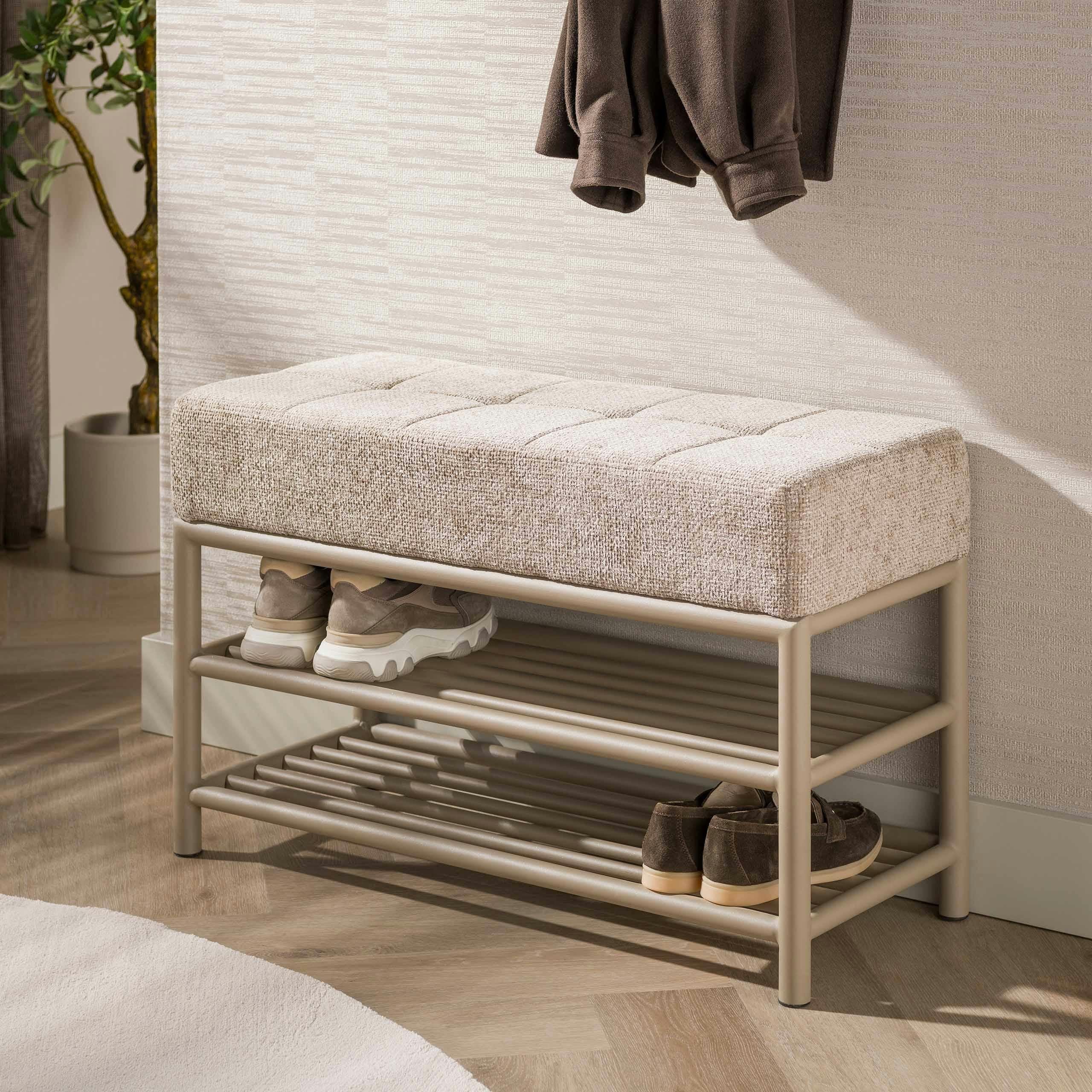 Banc d'entrée rembourré beige avec range-chaussures RALF