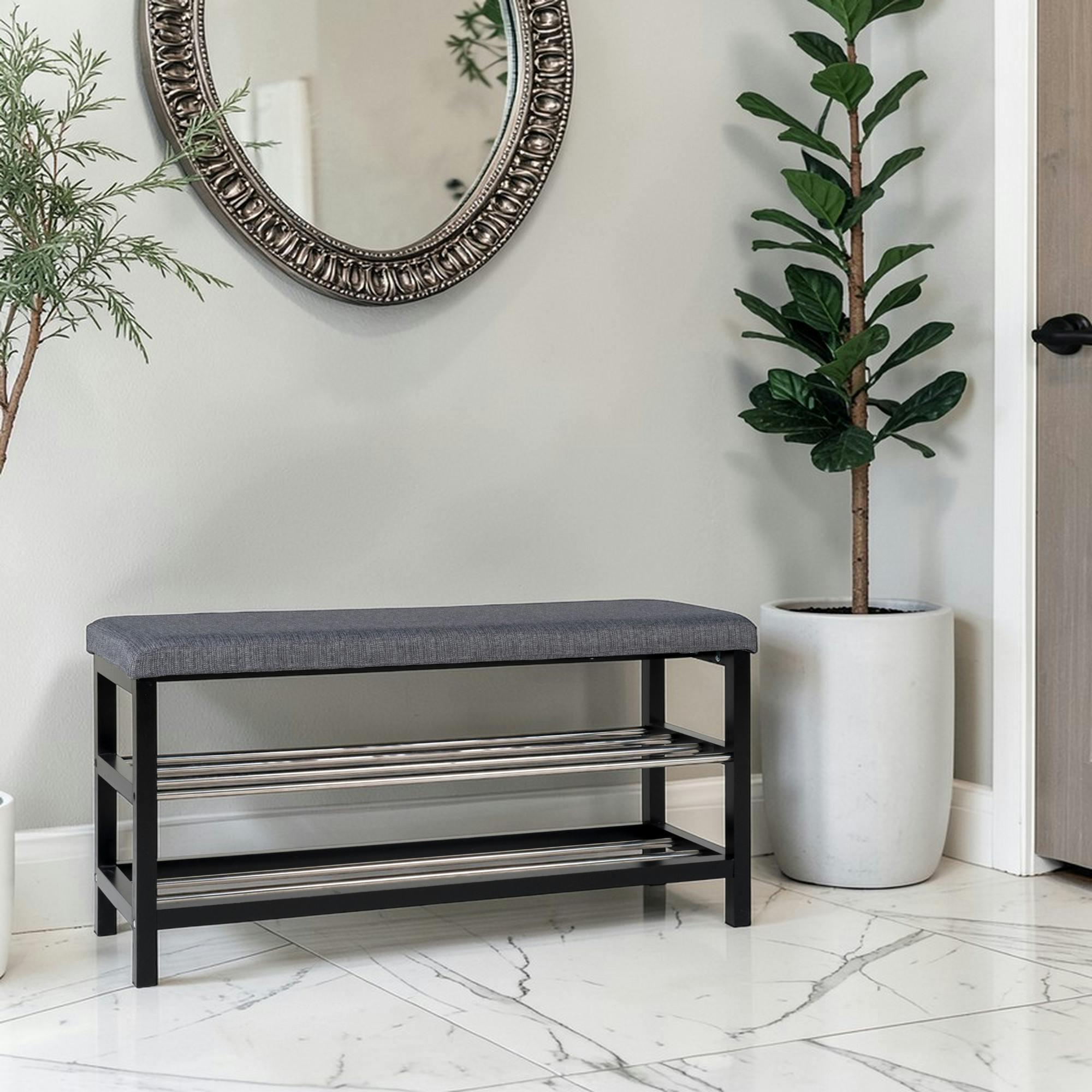 Banc d'entrée tissu gris avec rangement chaussures SAVONE