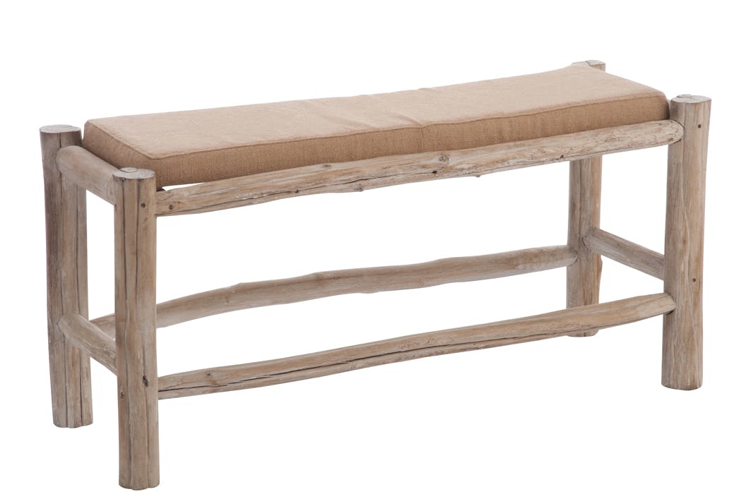 Banc en bois blanchi + coussin 101x35x47cm