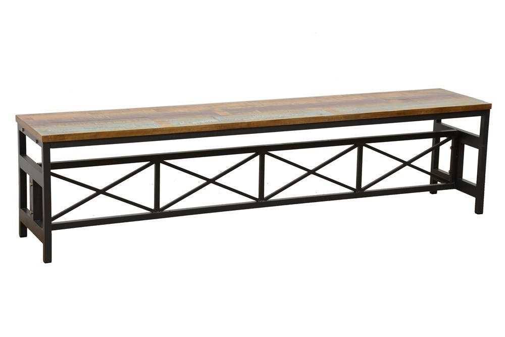 Banc en Hévéa recyclé coloré et pieds métal avec croisillons 180x36x45cm LOFT COLORS