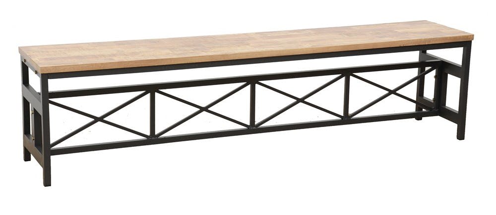 Banc en Hévéa recyclé naturel et pieds métal avec croisillons 180x36x45cm LOFT