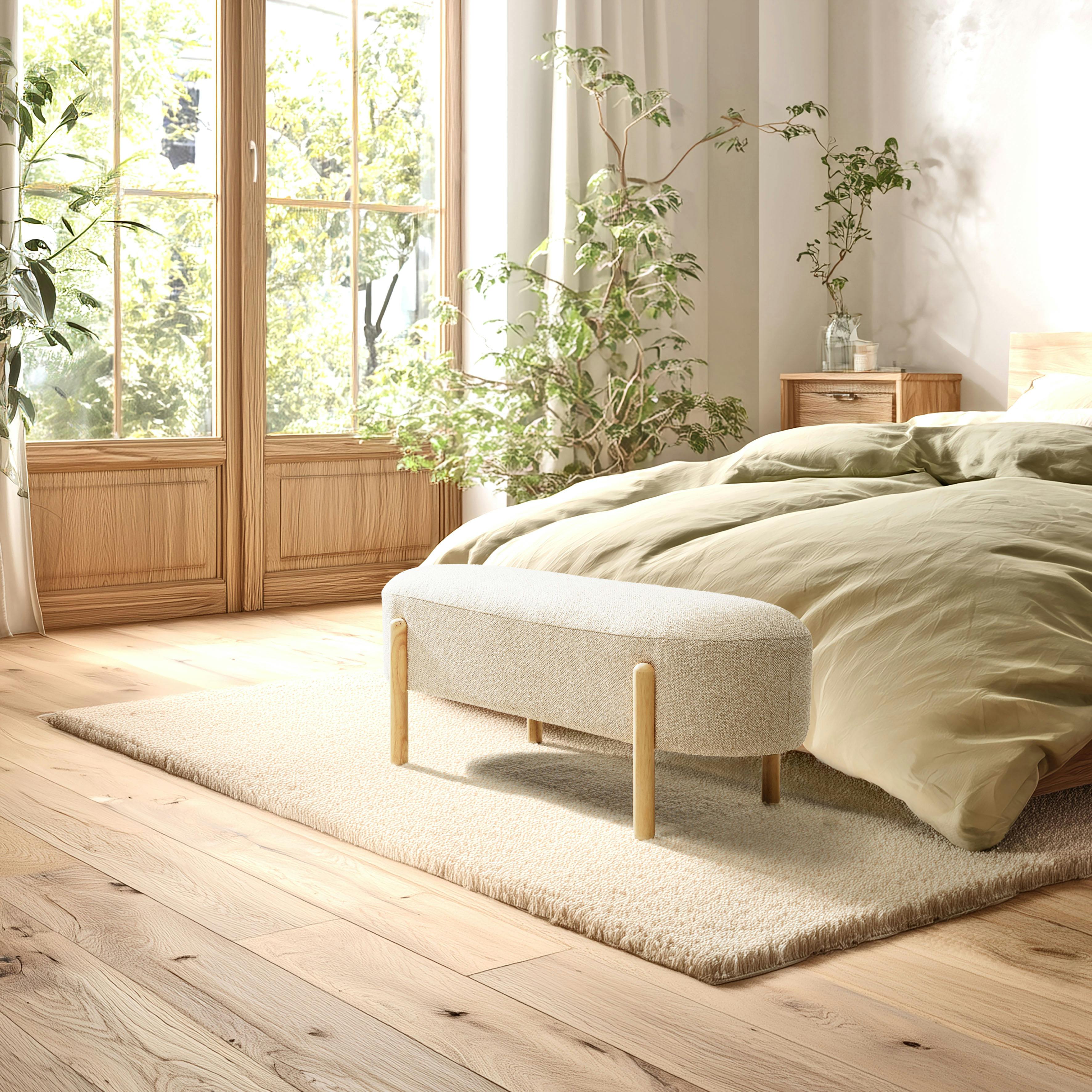 Banc en tissu effet laine beige et pieds bois COLOMBUS