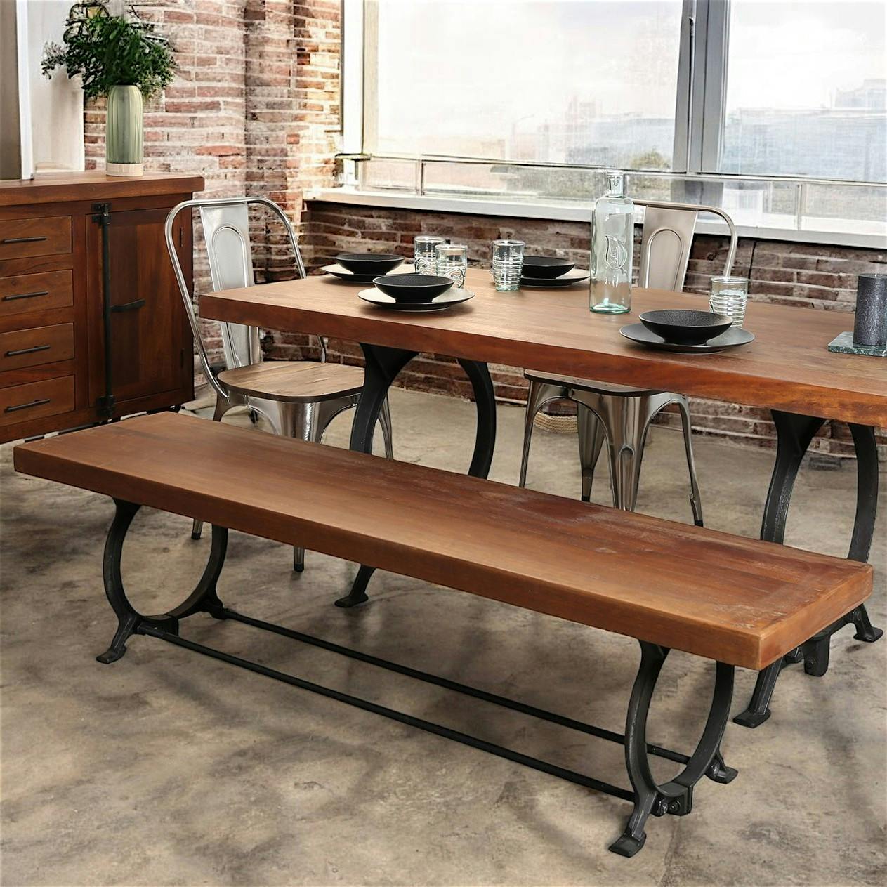 Banc industriel vintage bois recyclé 180 cm LEEDS