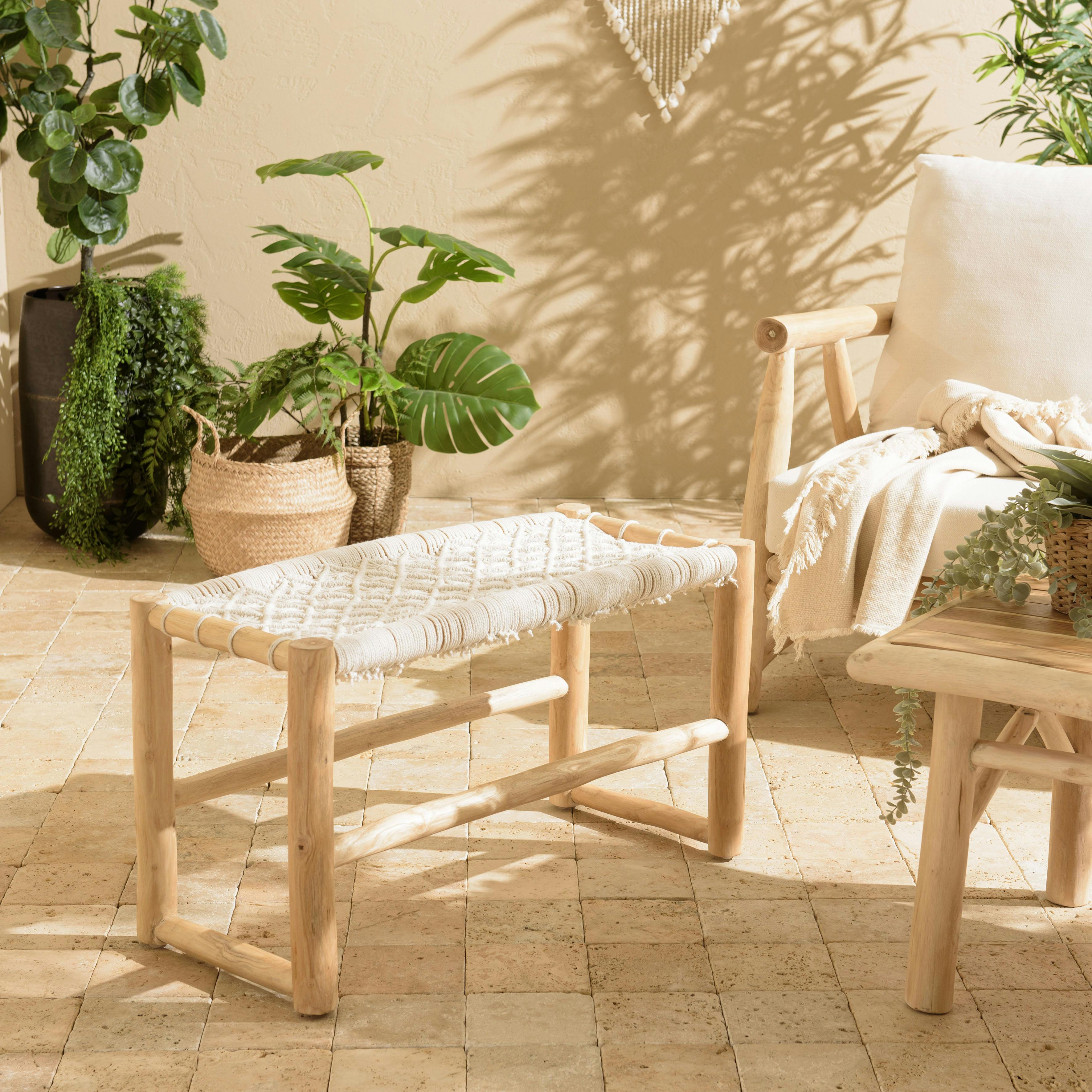 Banc rondins de teck naturel assise macramé blanc MANAK