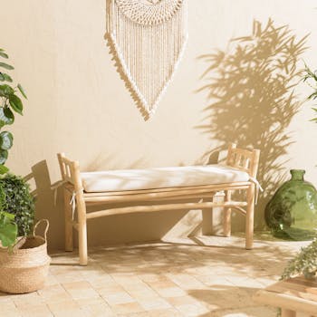 Banc rondins de teck naturel coussin blanc MANAK