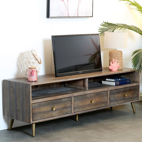 Meuble TV en bois recycle FSC fonce de style contemporain