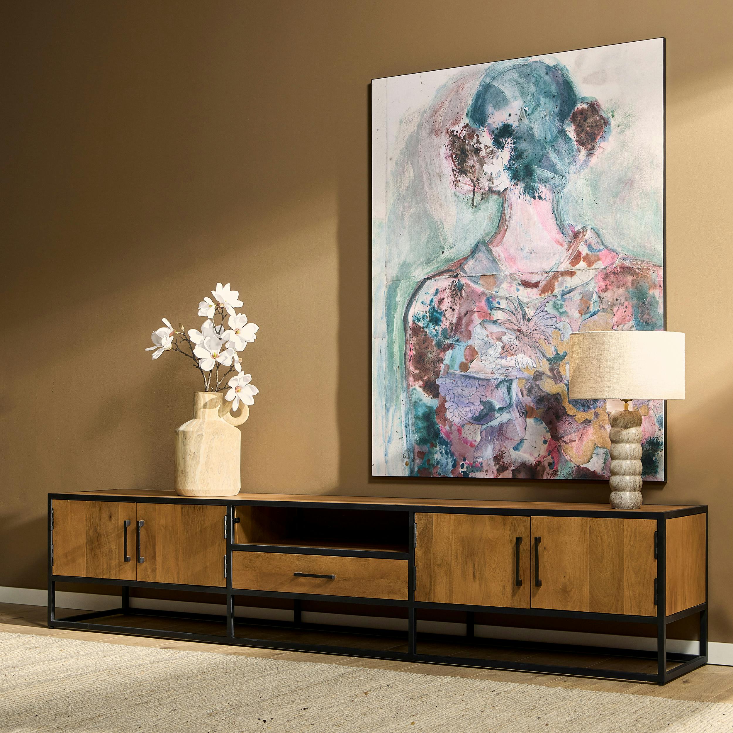 Banc TV 4 portes bois clair métal noir 240 cm RIVANO