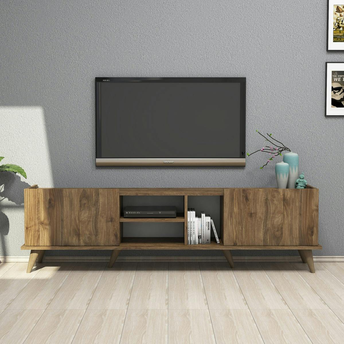 Banc TV avec rangement 2 portes décor bois foncé UMEA
