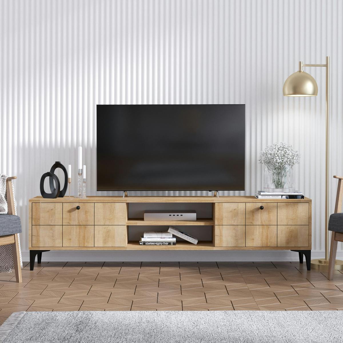 Banc TV avec rangement 2 portes décor bois motif damier UMEA