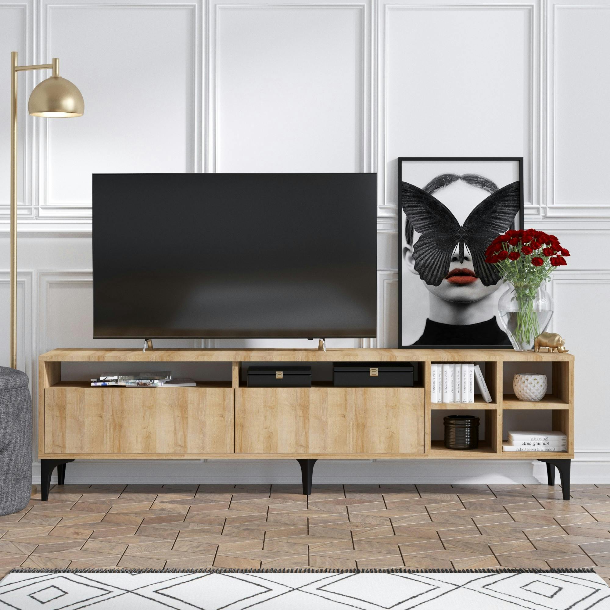 Banc TV avec rangement effet bois clair - 2 portes, 180 cm JENA