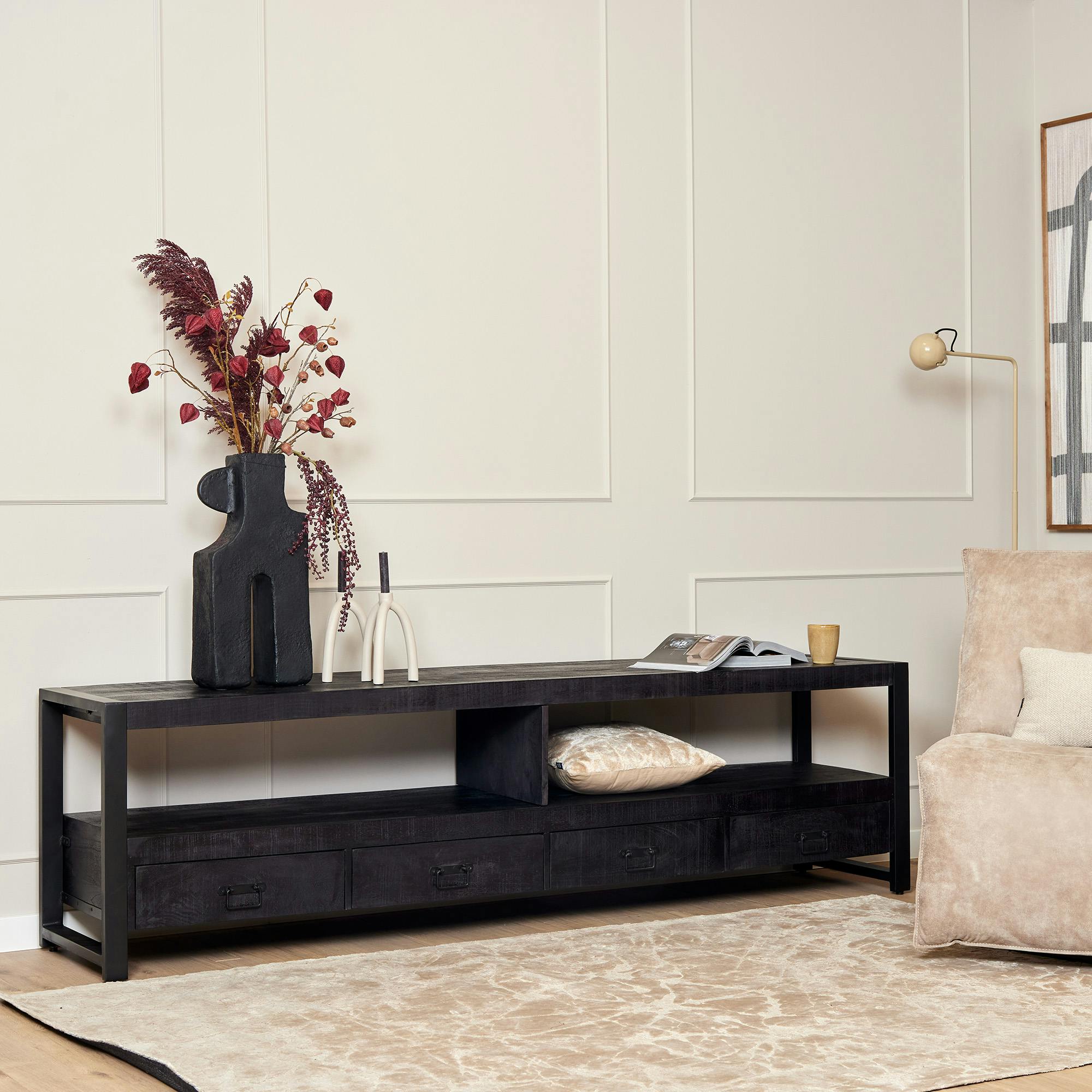 Banc TV bois noir 4 tiroirs 220 cm MILORA