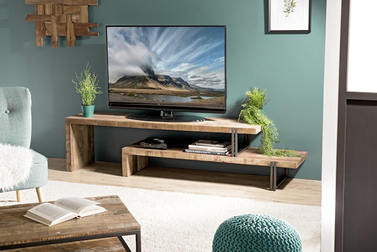 Meuble TV en bois recycle et metal destructure style contemporain