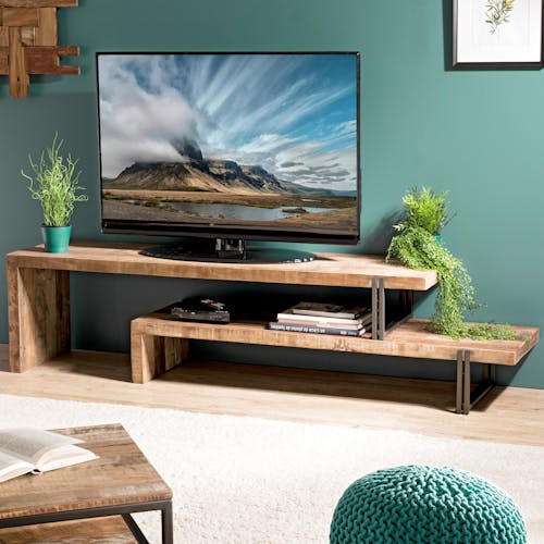 Meuble TV en bois recycle et metal destructure style contemporain