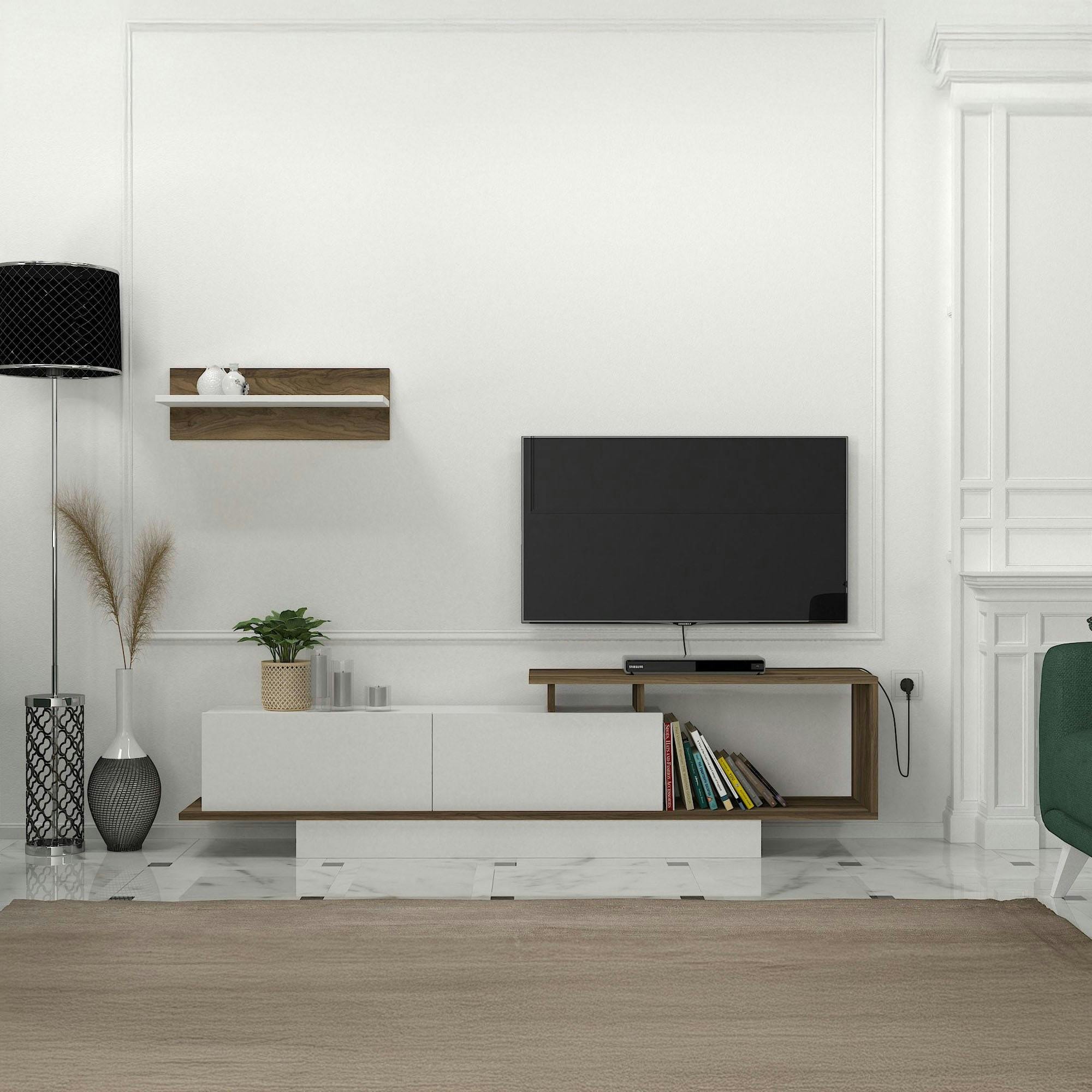 Banc TV design blanc & effet noyer avec étagère MARFA