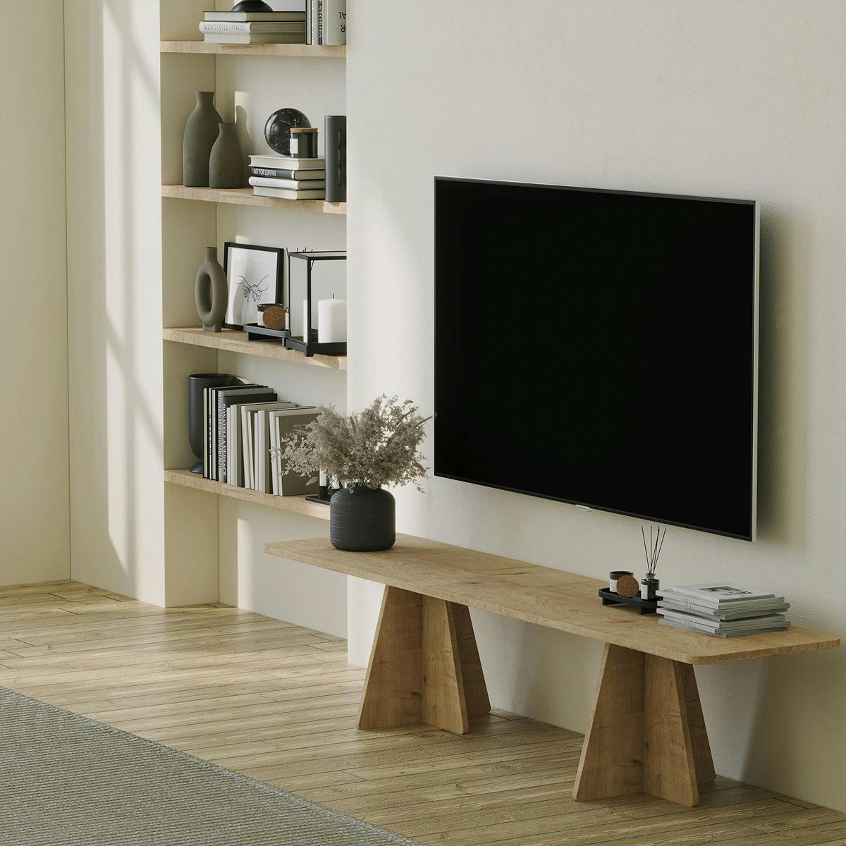 Banc TV design décor bois bords arrondis pieds croisés MARFA