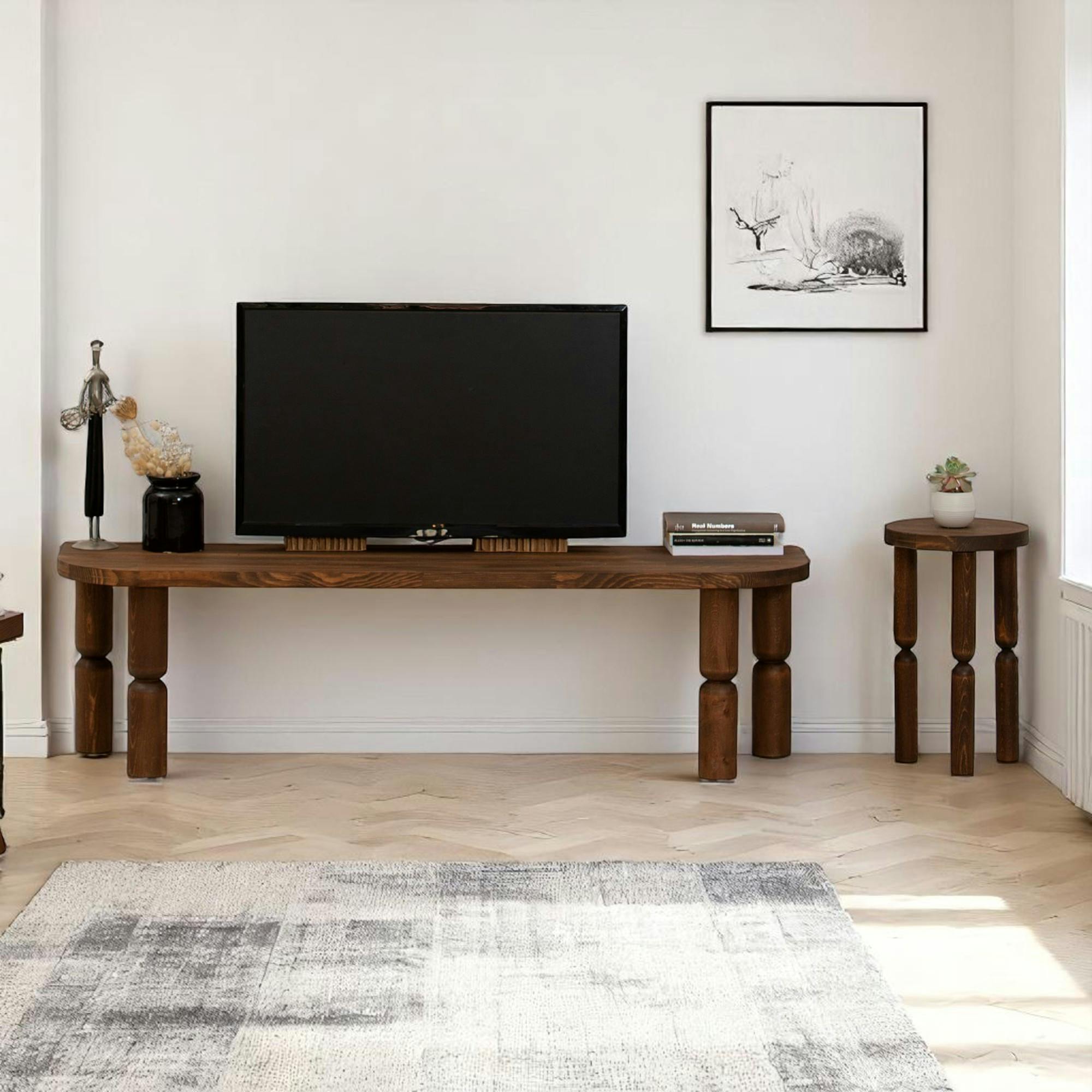 Banc TV en bois brun - pieds tournés, 140 cm BOMA