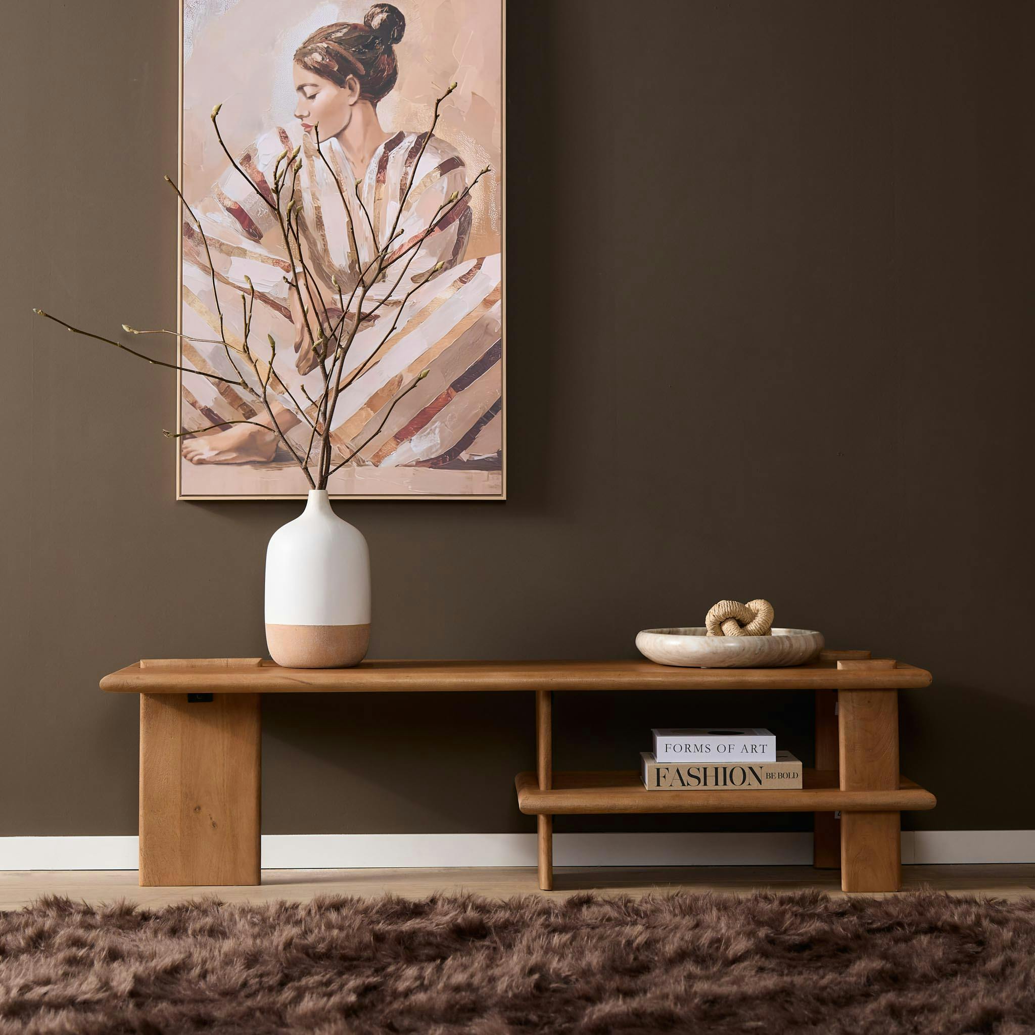 Banc TV en bois clair à étagère 160 cm ALMA