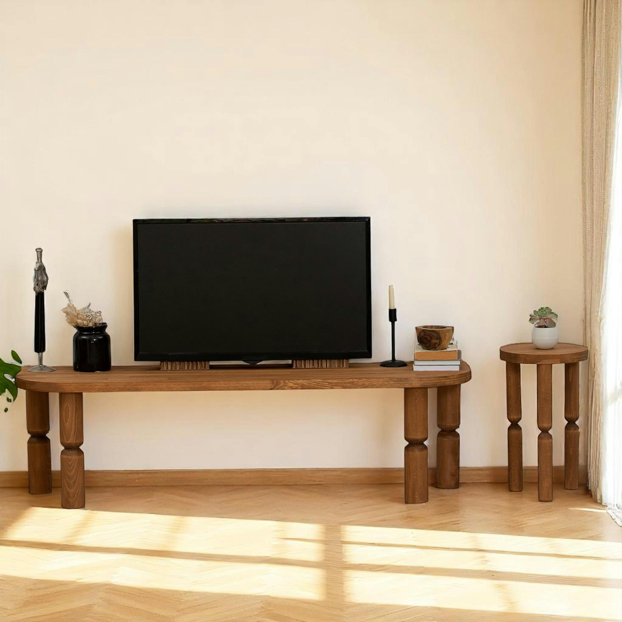 Banc TV en bois marron - pieds tournés, 140 cm BOMA