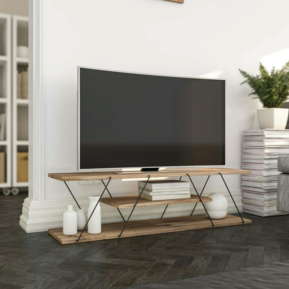Banc TV filaire décor bois noyer et métal noir JENA