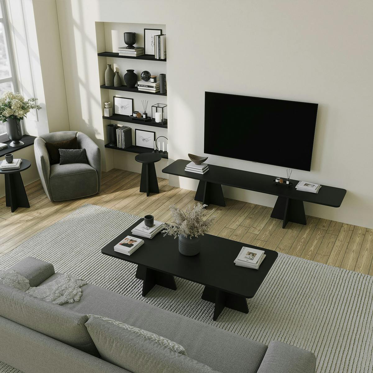 Banc TV noir design bords arrondis et pieds croisés MARFA