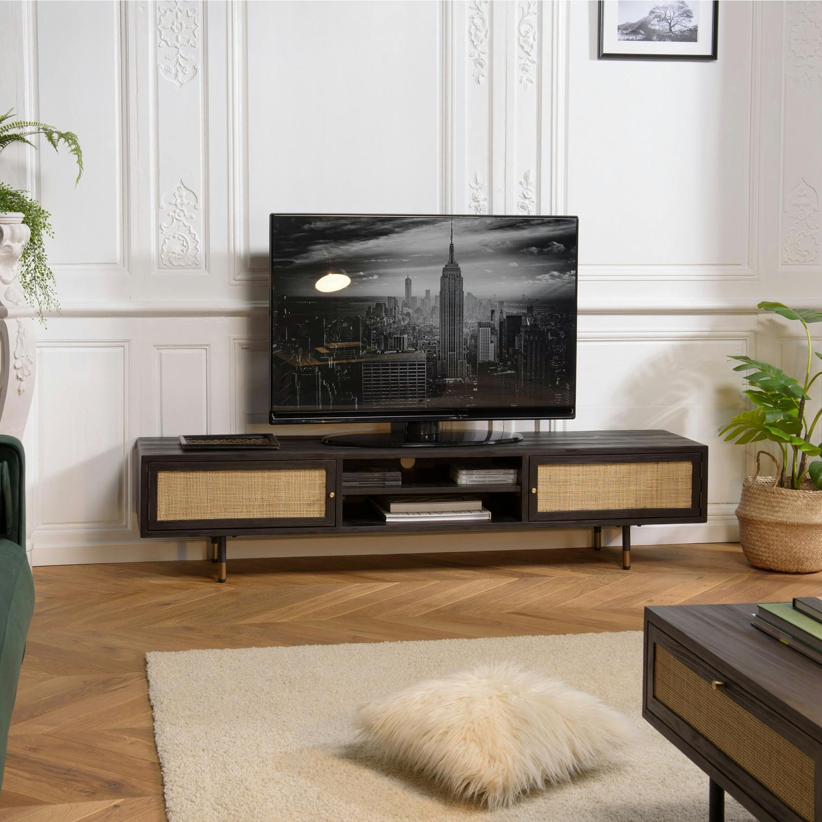 Banc tv noir en bois et cannage ALICANTE