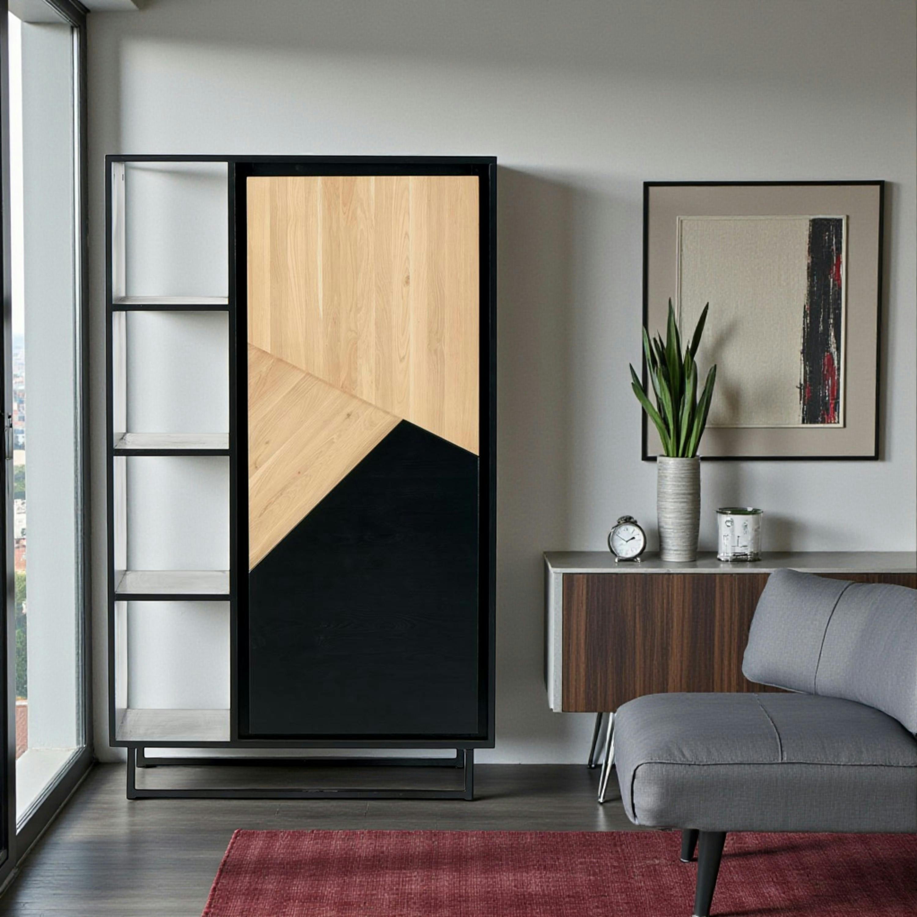 Bibliothèque 1 porte bois noir et blanc ANINA