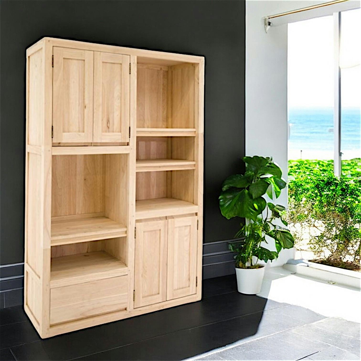 Bibliothèque 4 portes 1 tiroir hévéa 100x150cm OLGA