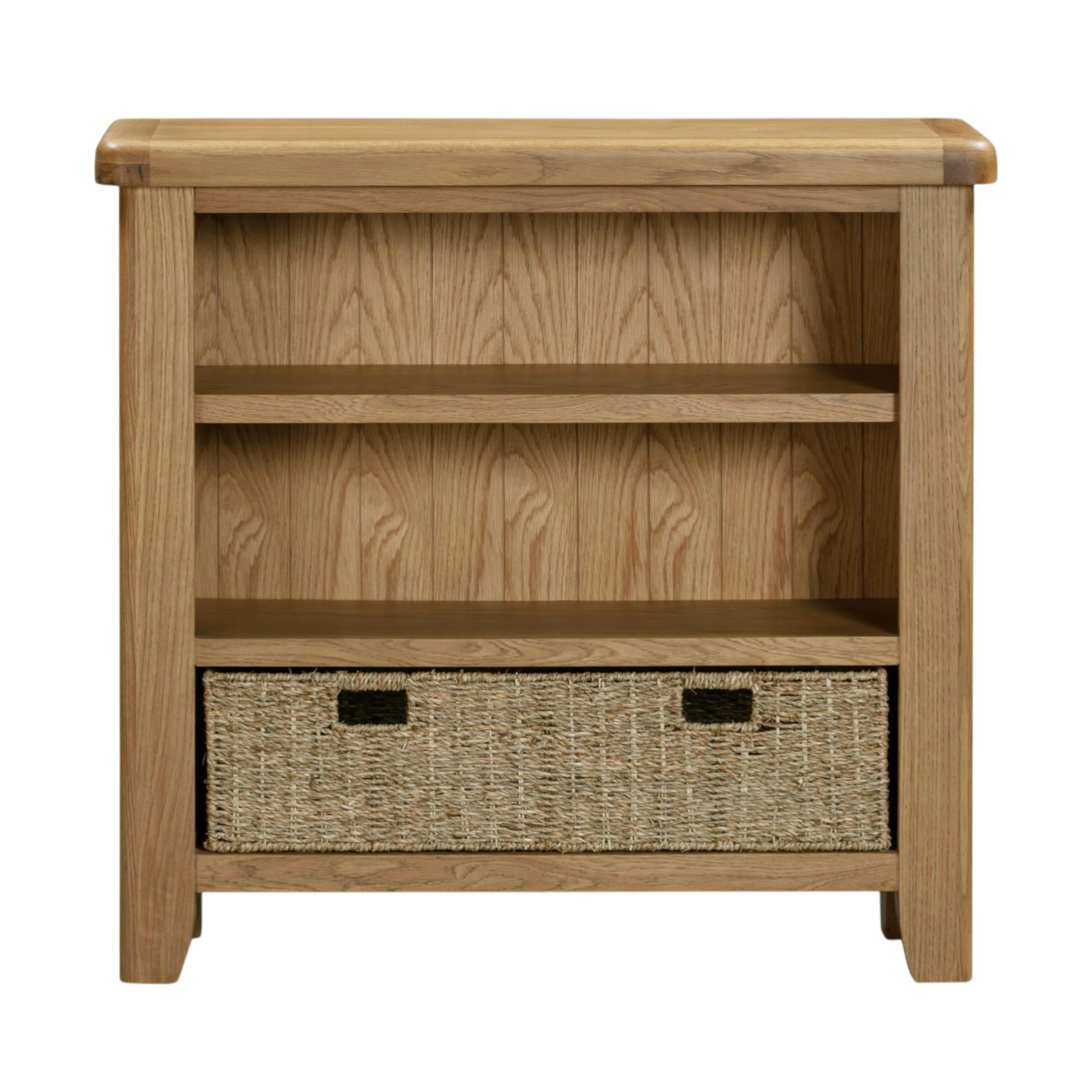 Bibliothèque basse en chêne avec panier de rangement VALMONT