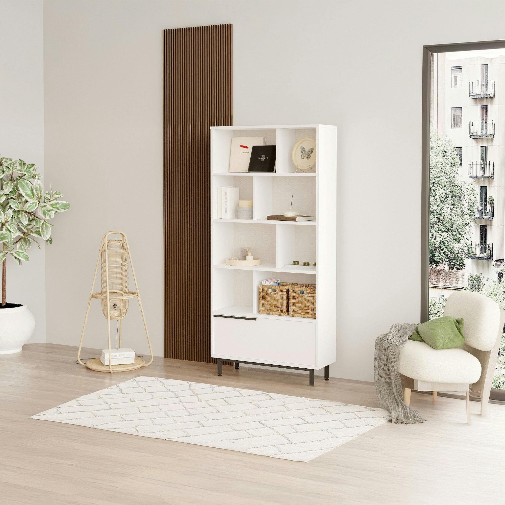 Bibliothèque blanche moderne - 8 niches & 1 porte JENA