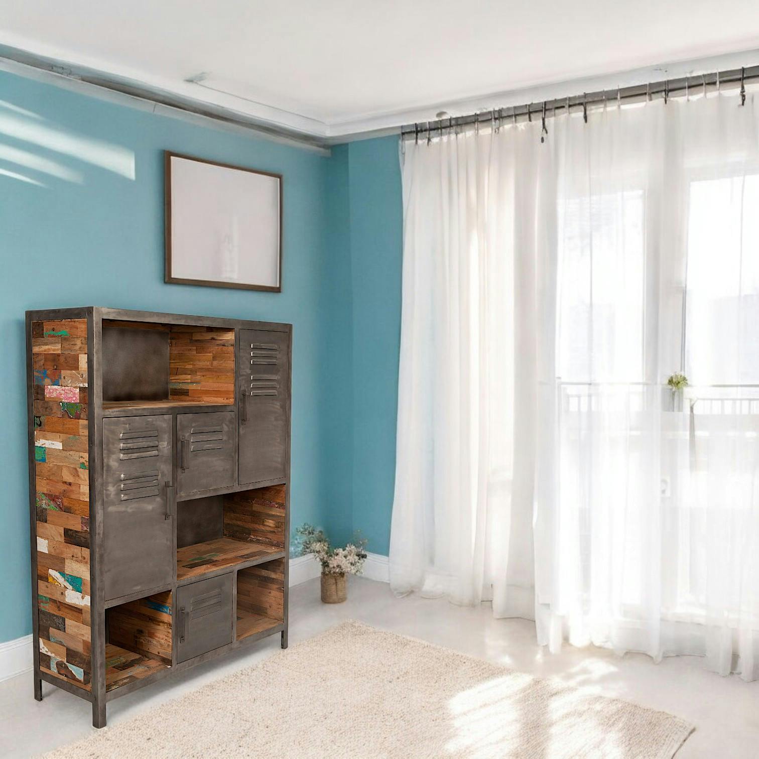 Bibliotheque en bois recycle avec portes metal de style industriel