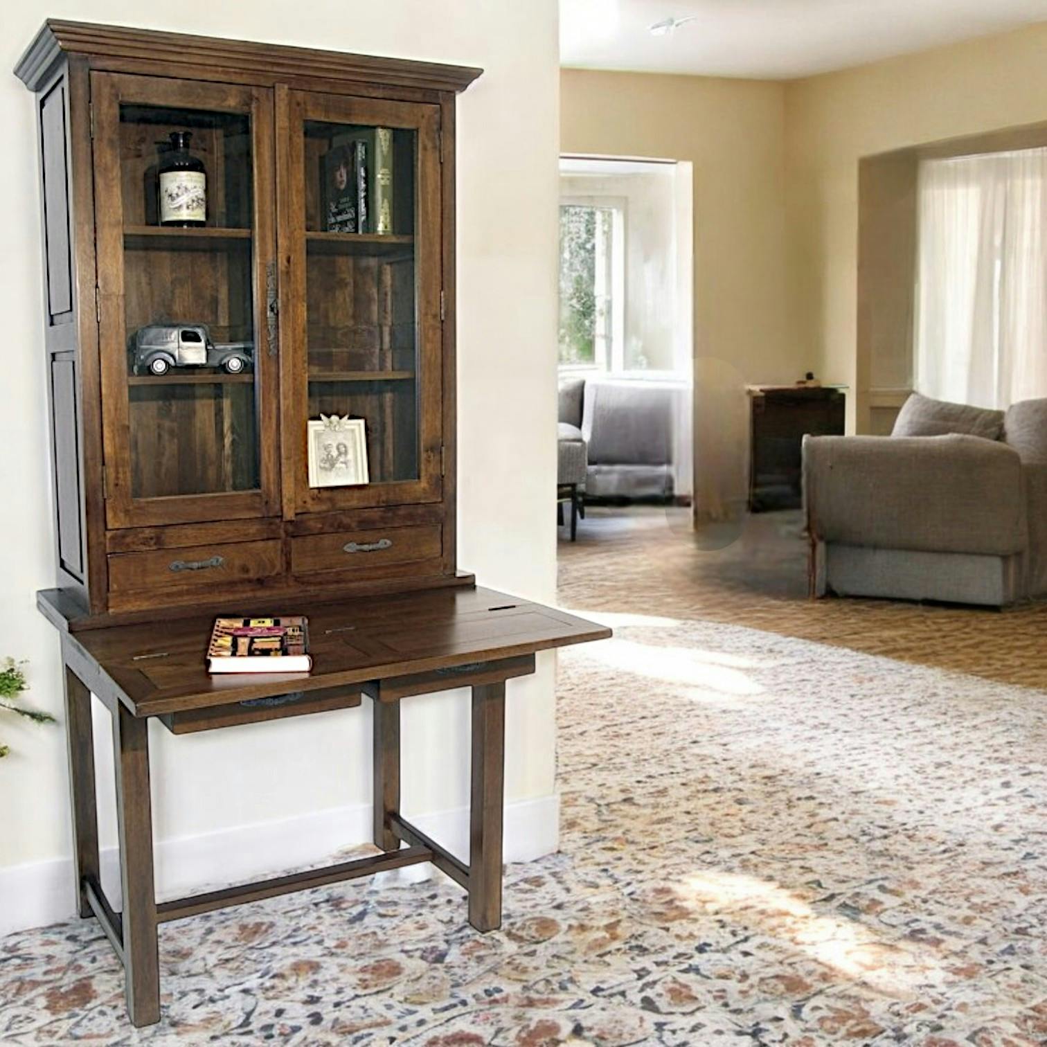 Bibliothèque Bureau Hévéa 2 portes vitrées, 2 tiroirs 95x55x190cm TRADITION