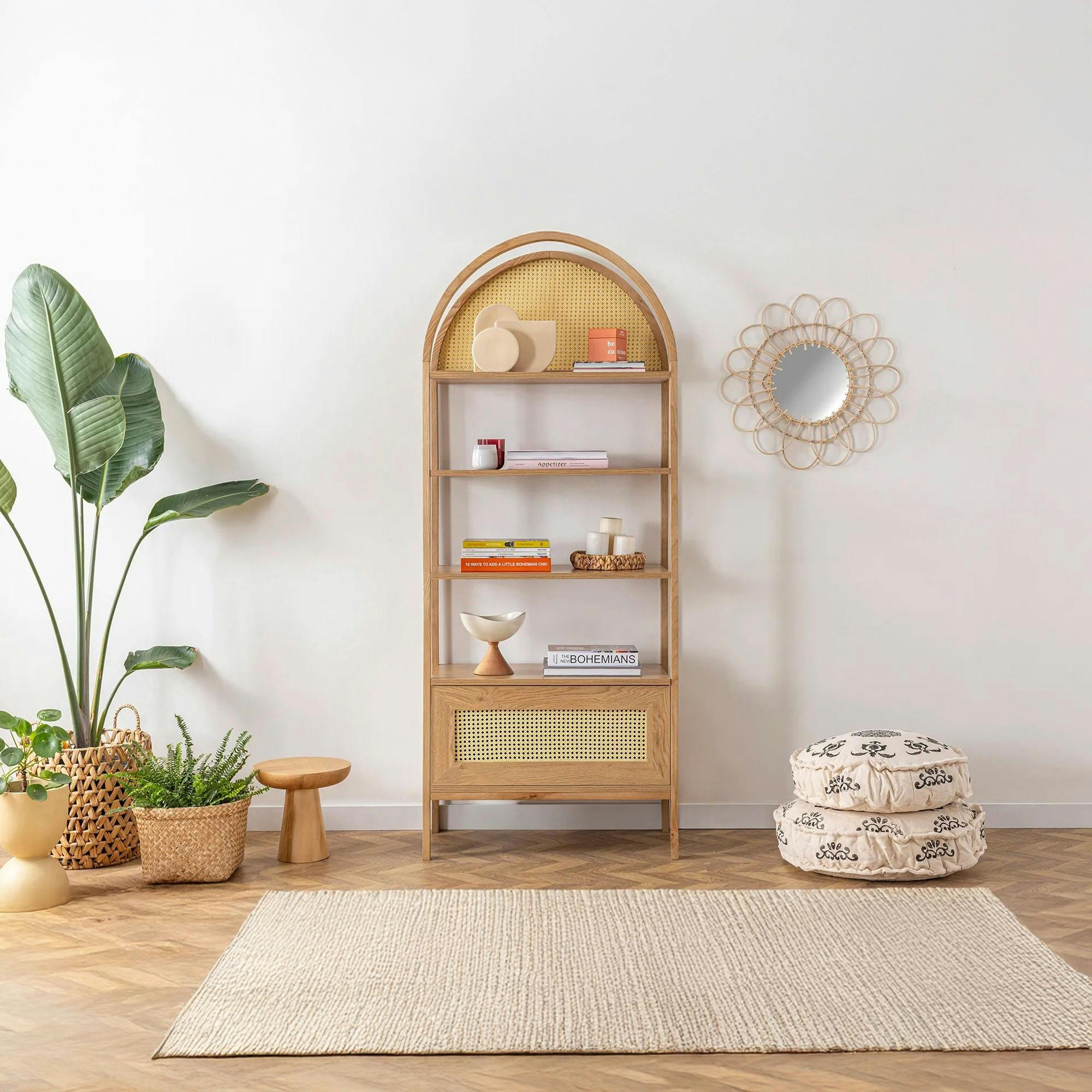 Bibliothèque cannage & effet bois ovale 4 étagères TANDI