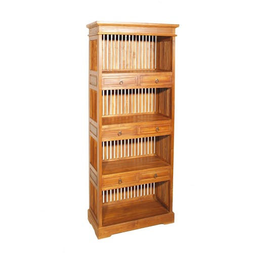 Bibliotheque etagere avec tiroirs en bois clair de style colonial