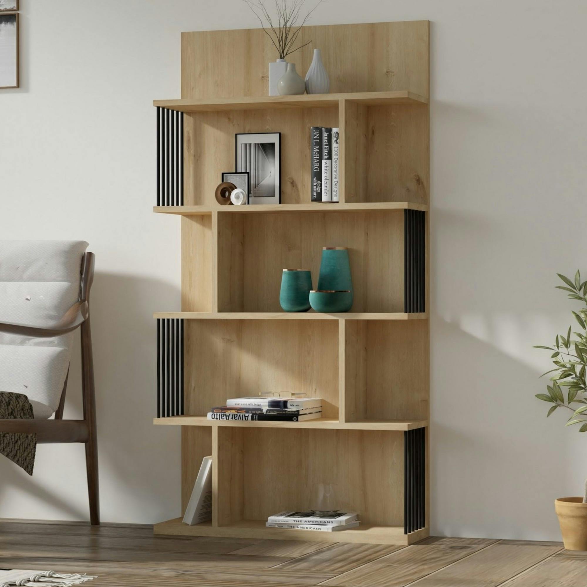 Bibliothèque design effet bois clair niches asymétriques UMEA