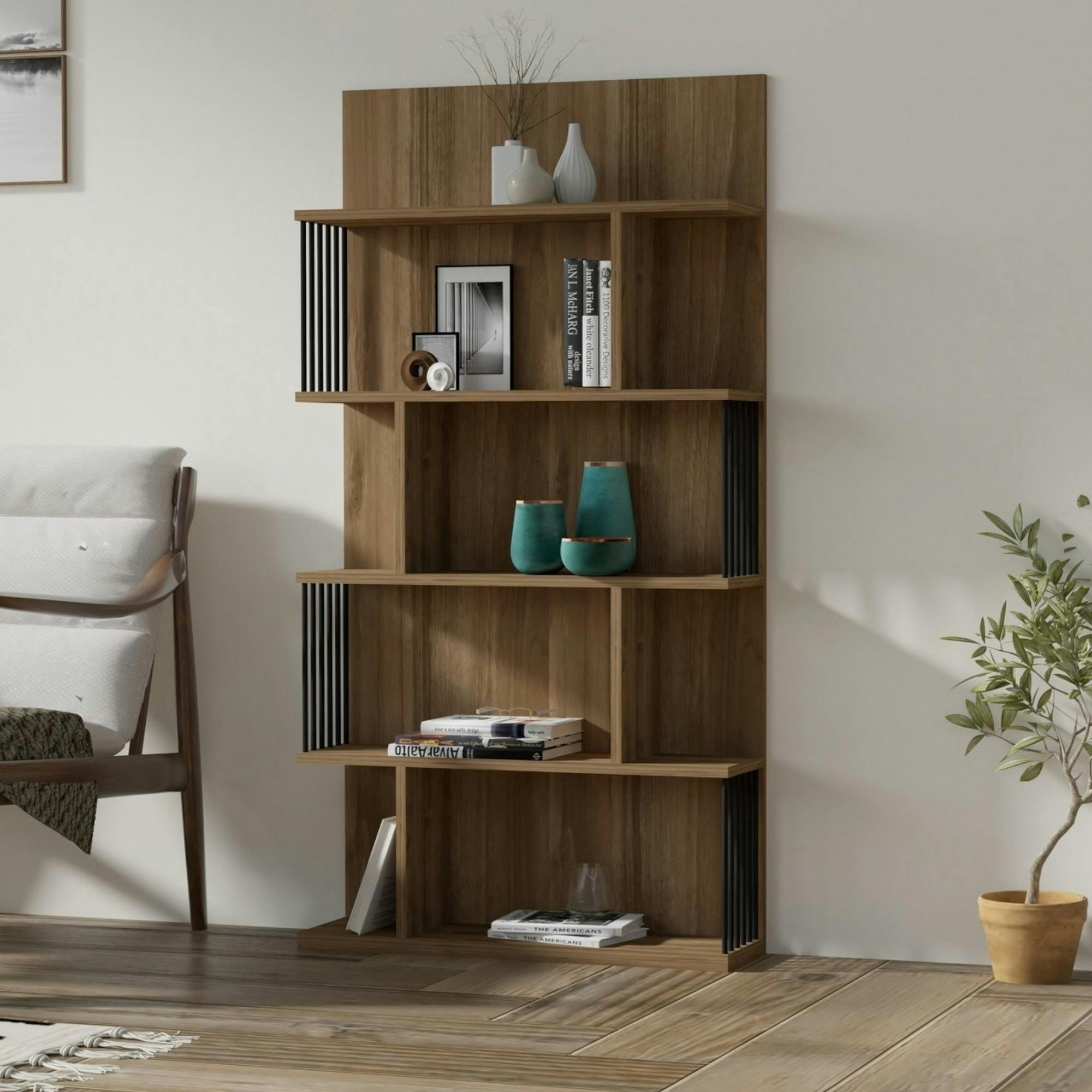 Bibliothèque design effet bois noyer niches asymétriques UMEA